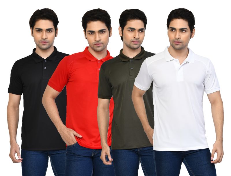 Men's Casual Regular Fit Solid Tshirts combo I Collared Neck I Half Sleeve Polo T-shirts  - Black, Berry Red, Algae green & White