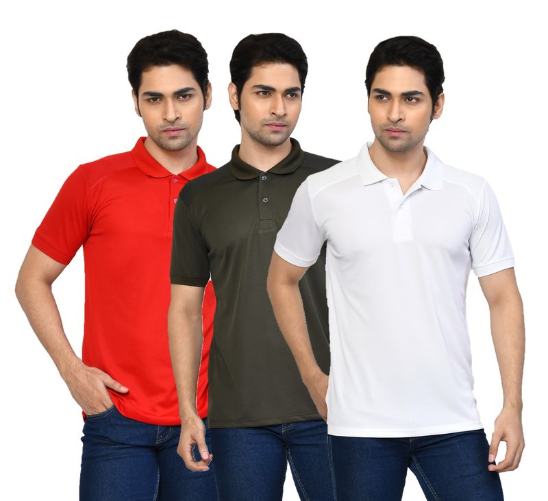 Men's Casual Regular Fit Solid Tshirts combo I Collared Neck I Half Sleeve Polo T-shirts  - Red, Algae green & White