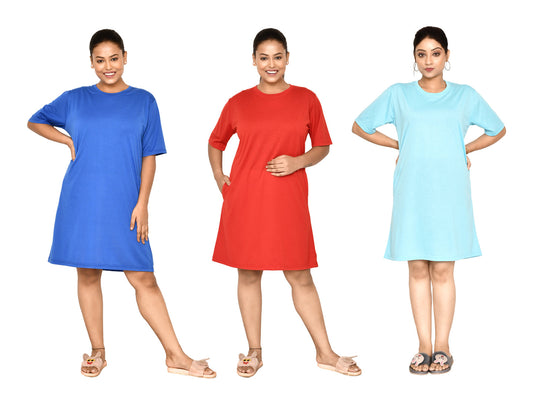 RAPL BHARAT Women's Casual Round Neck Cotton Knee Length Dress With Short sleeves