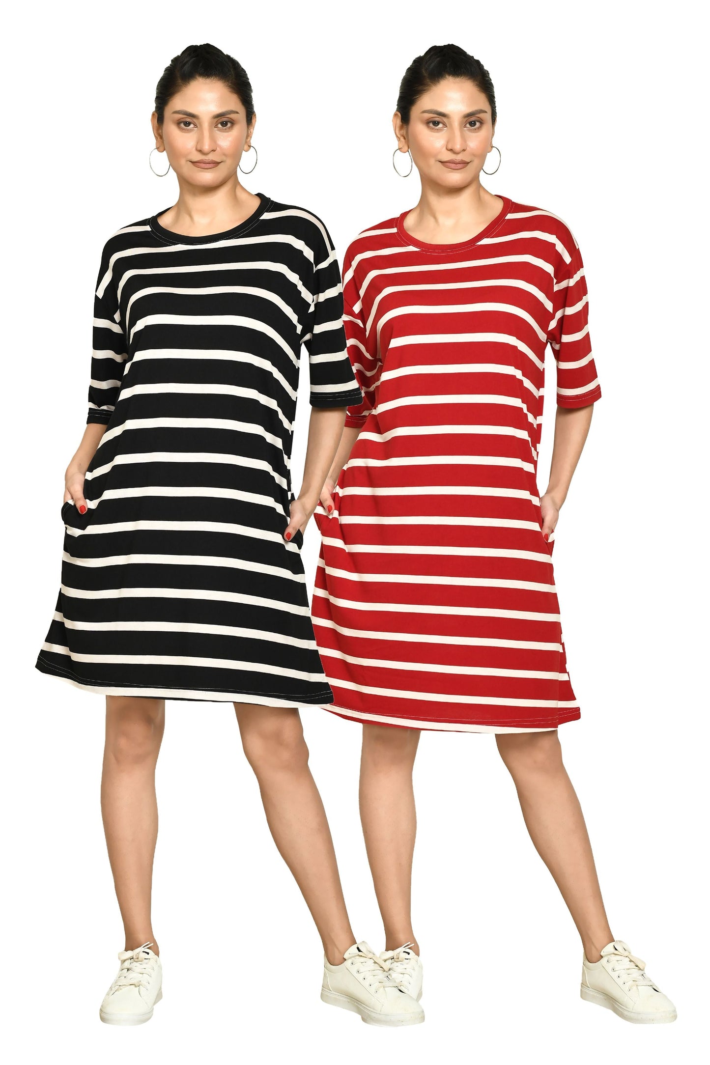 RAPL Women's Casual Regular Fit Round Neck Cotton A-Line Dress with Striped Pattern & Short Sleeve I Western Style in Every Stitch - Multicolour