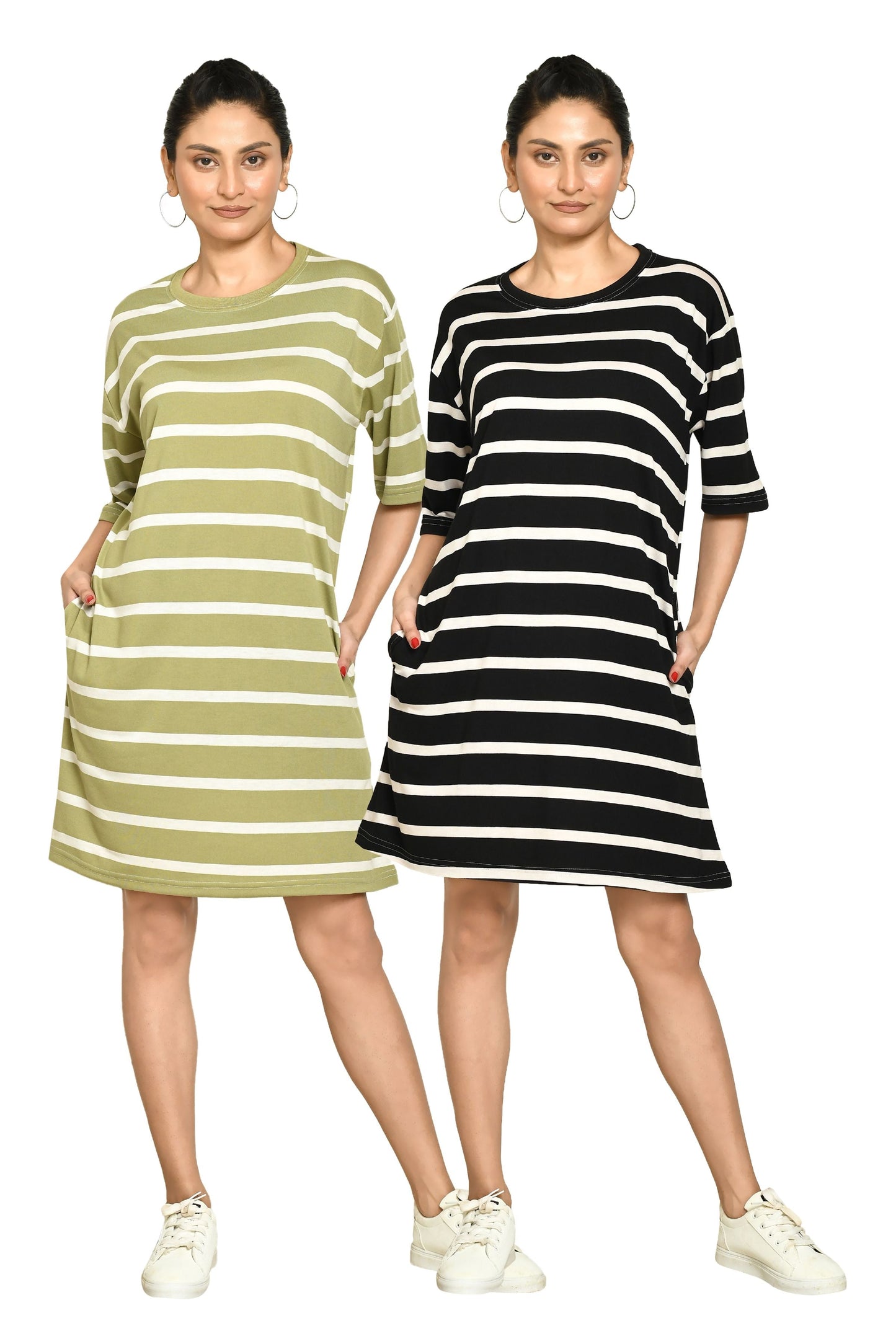 RAPL Women's Casual Regular Fit Round Neck Cotton A-Line Dress with Striped Pattern & Short Sleeve I Western Style in Every Stitch - Multicolour