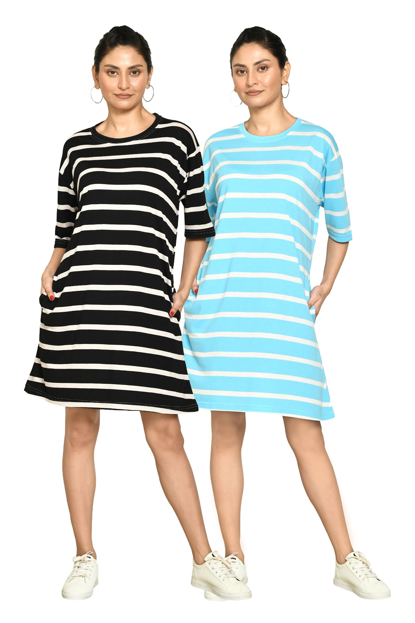 RAPL Women's Casual Regular Fit Round Neck Cotton A-Line Dress with Striped Pattern & Short Sleeve I Western Style in Every Stitch - Multicolour