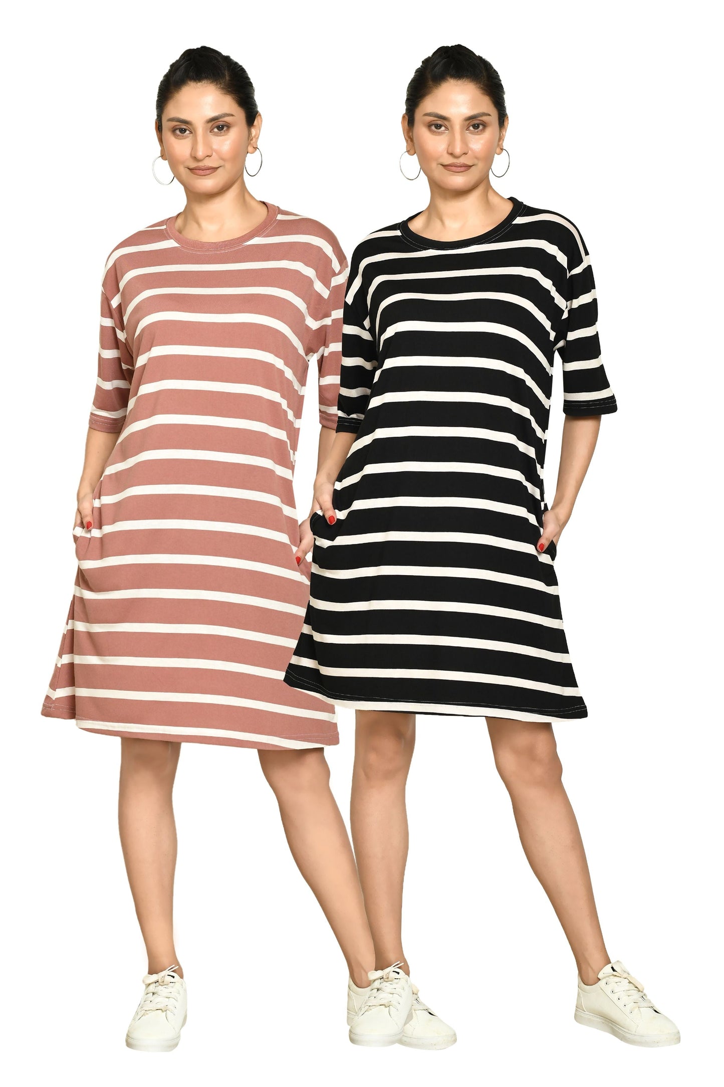 RAPL Women's Casual Regular Fit Round Neck Cotton A-Line Dress with Striped Pattern & Short Sleeve I Western Style in Every Stitch - Multicolour