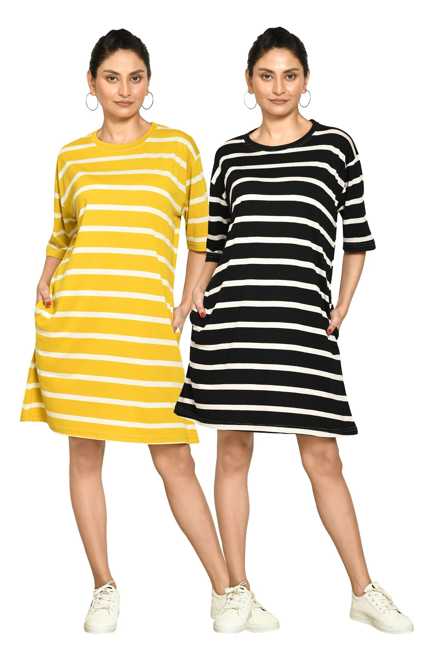 RAPL Women's Casual Regular Fit Round Neck Cotton A-Line Dress with Striped Pattern & Short Sleeve I Western Style in Every Stitch - Multicolour