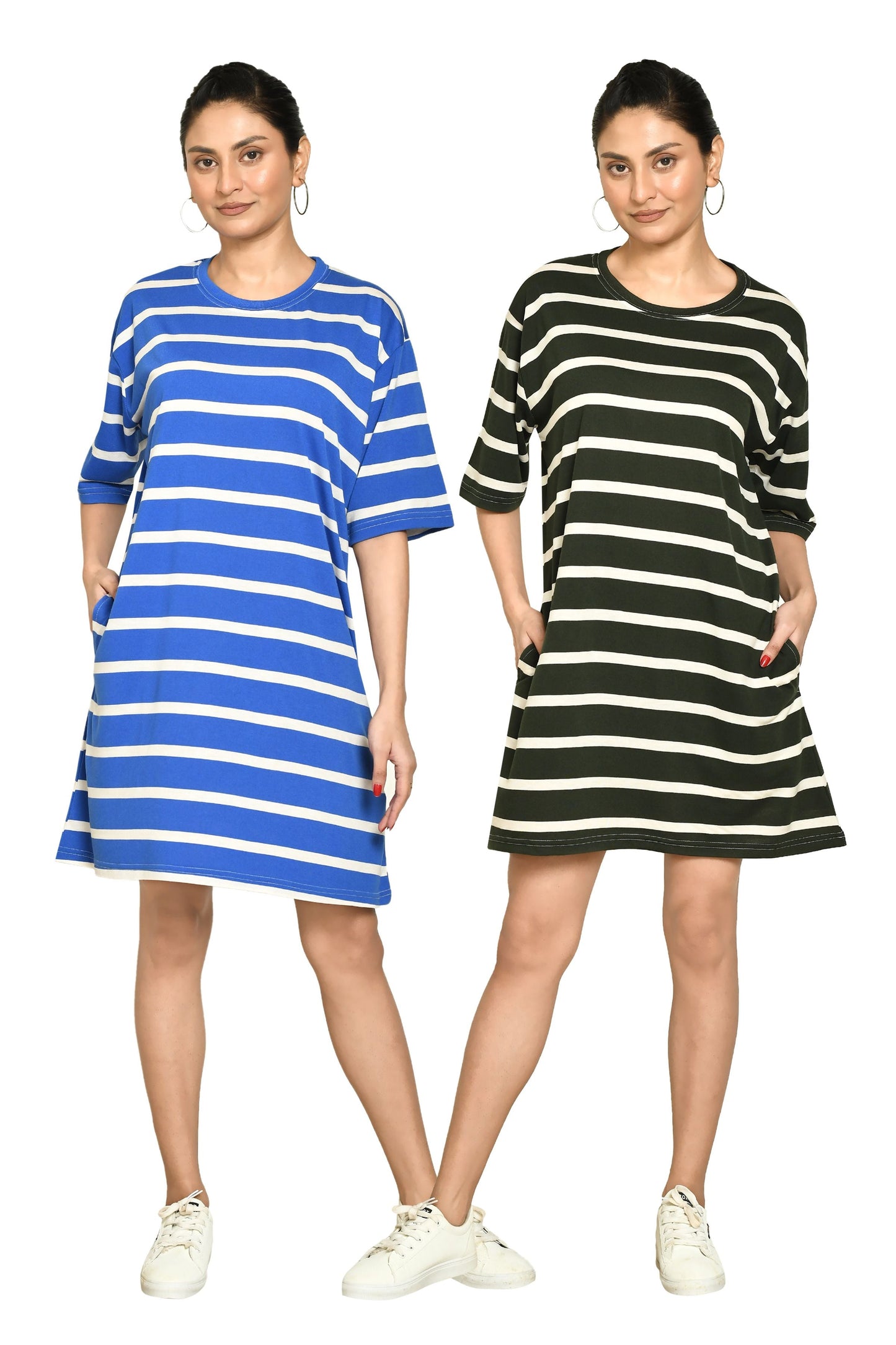 RAPL Women's Casual Regular Fit Round Neck Cotton A-Line Dress with Striped Pattern & Short Sleeve I Western Style in Every Stitch - Multicolour