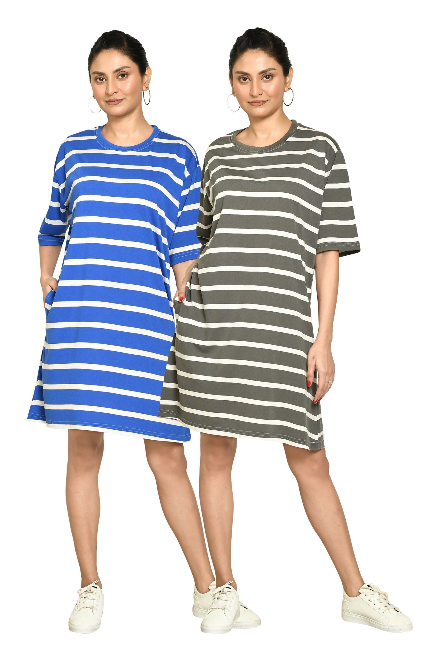 RAPL Women's Casual Regular Fit Round Neck Cotton A-Line Dress with Striped Pattern & Short Sleeve I Western Style in Every Stitch - Multicolour