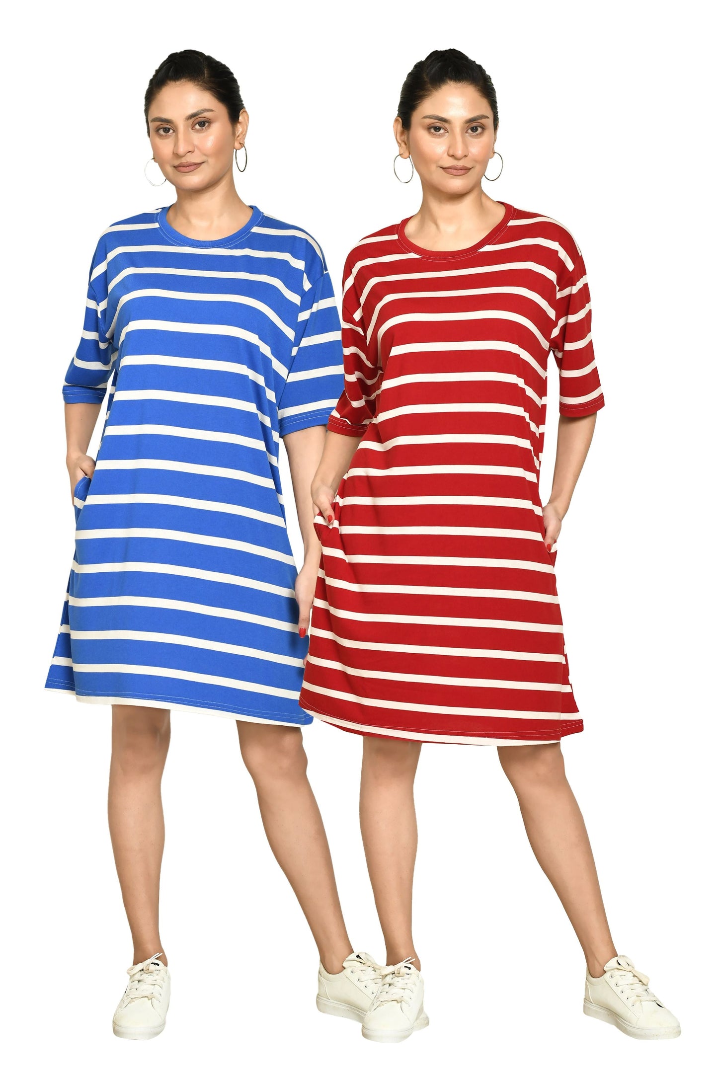 RAPL Women's Casual Regular Fit Round Neck Cotton A-Line Dress with Striped Pattern & Short Sleeve I Western Style in Every Stitch - Multicolour