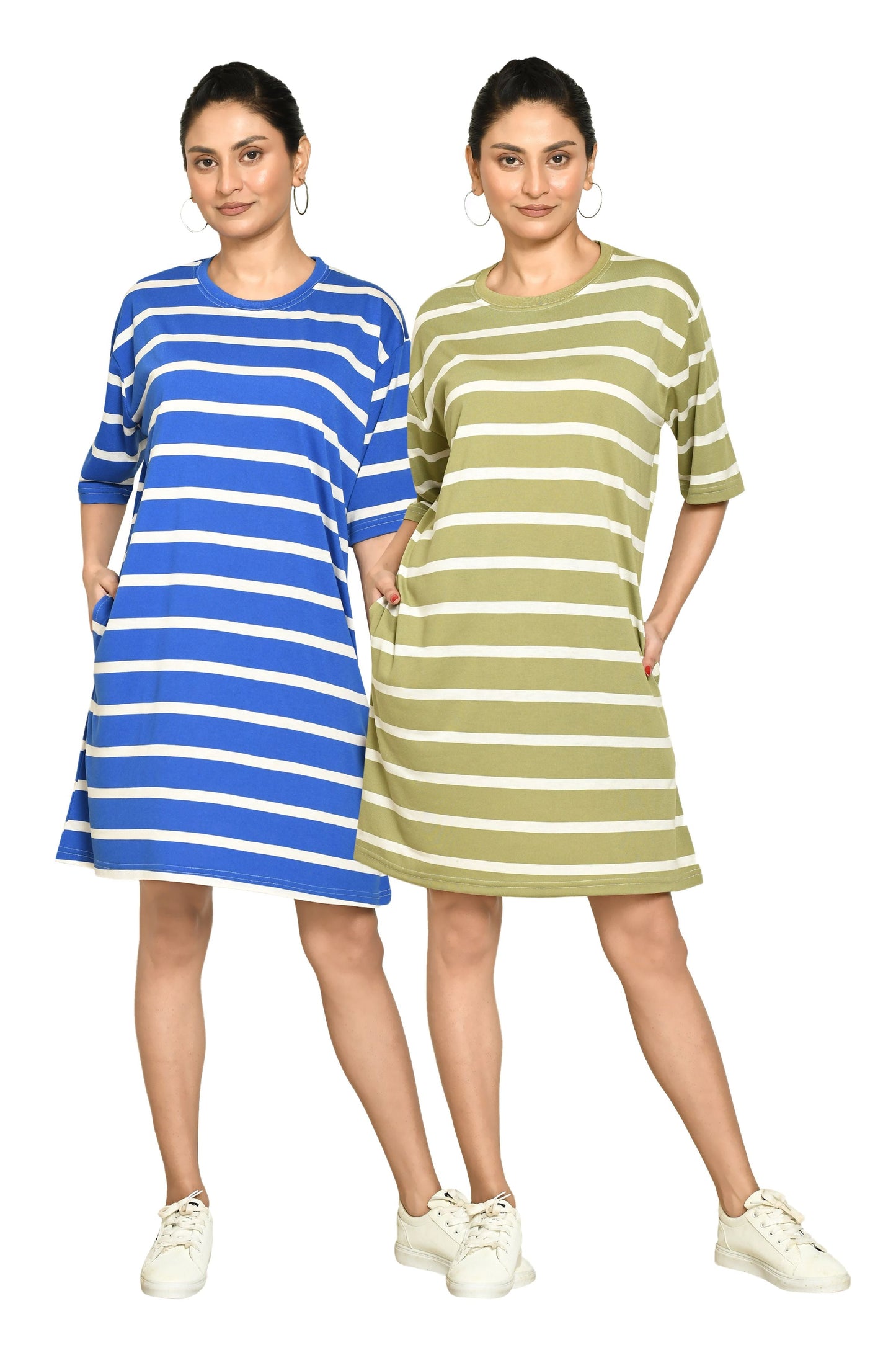 RAPL Women's Casual Regular Fit Round Neck Cotton A-Line Dress with Striped Pattern & Short Sleeve I Western Style in Every Stitch - Multicolour