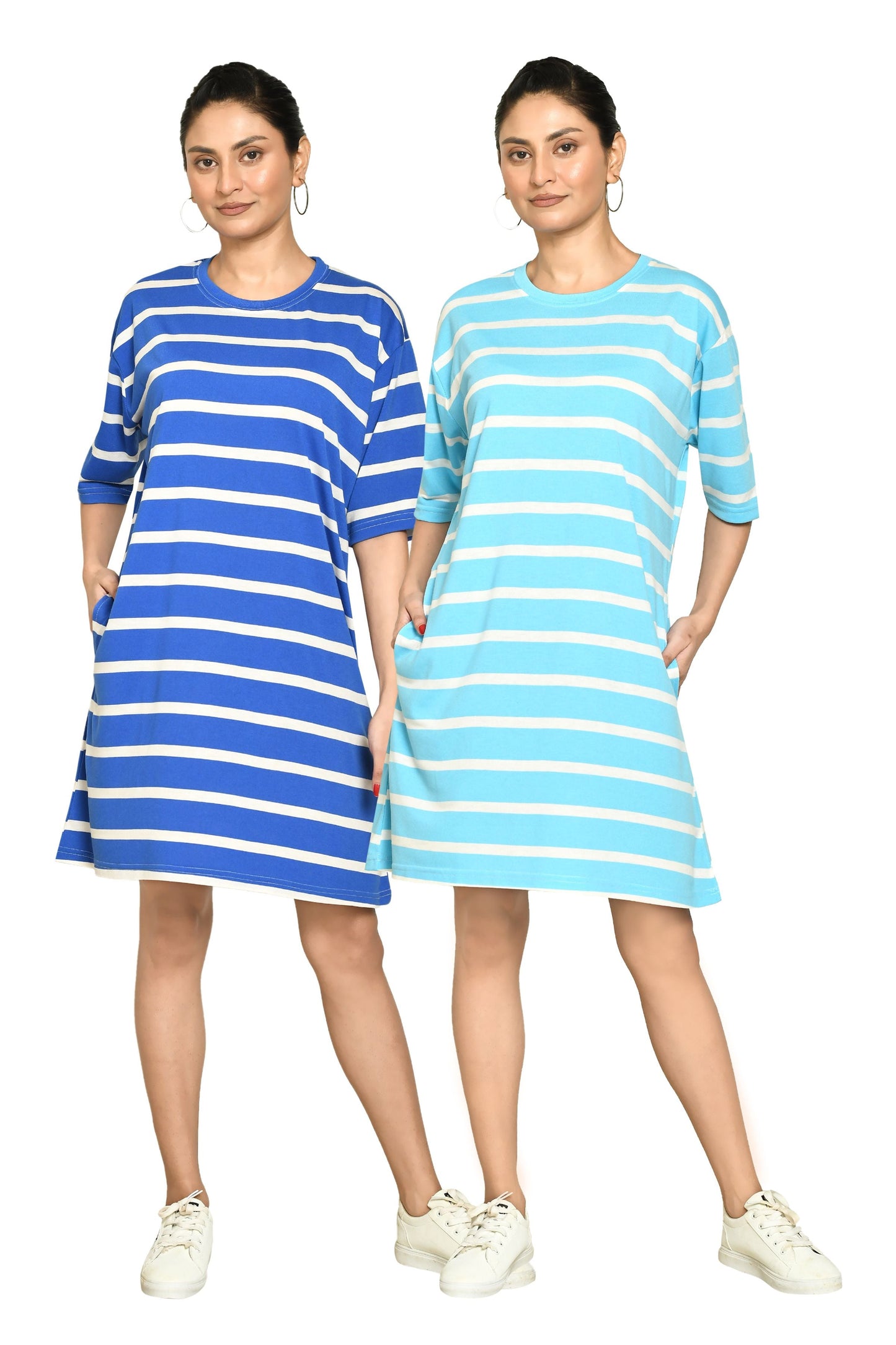 RAPL Women's Casual Regular Fit Round Neck Cotton A-Line Dress with Striped Pattern & Short Sleeve I Western Style in Every Stitch - Multicolour