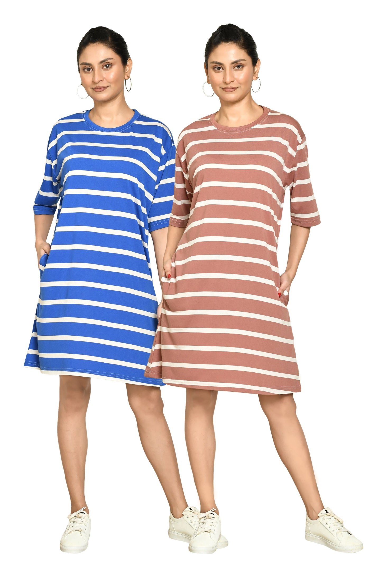 RAPL Women's Casual Regular Fit Round Neck Cotton A-Line Dress with Striped Pattern & Short Sleeve I Western Style in Every Stitch - Multicolour