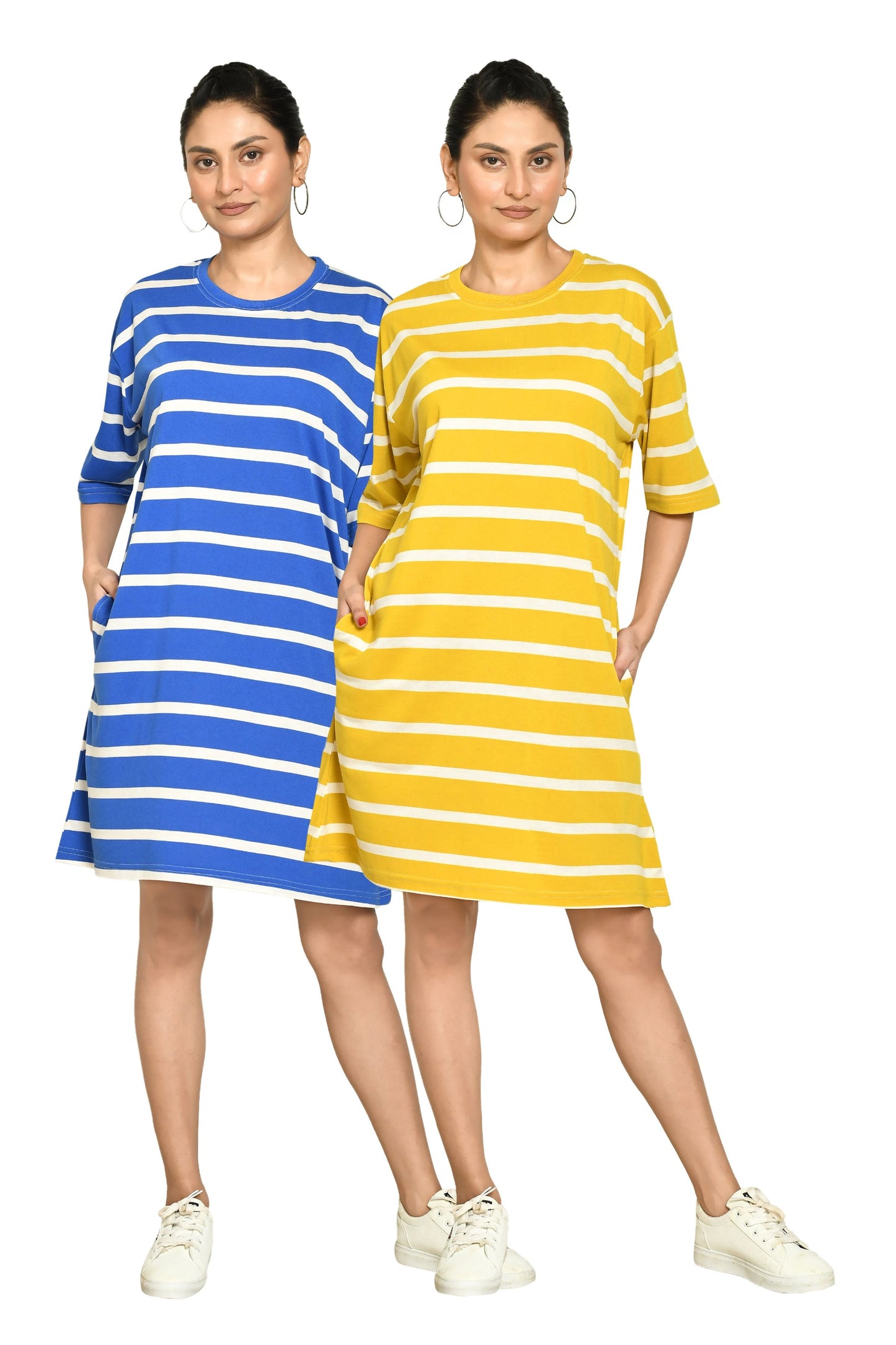 RAPL Women's Casual Regular Fit Round Neck Cotton A-Line Dress with Striped Pattern & Short Sleeve I Western Style in Every Stitch - Multicolour