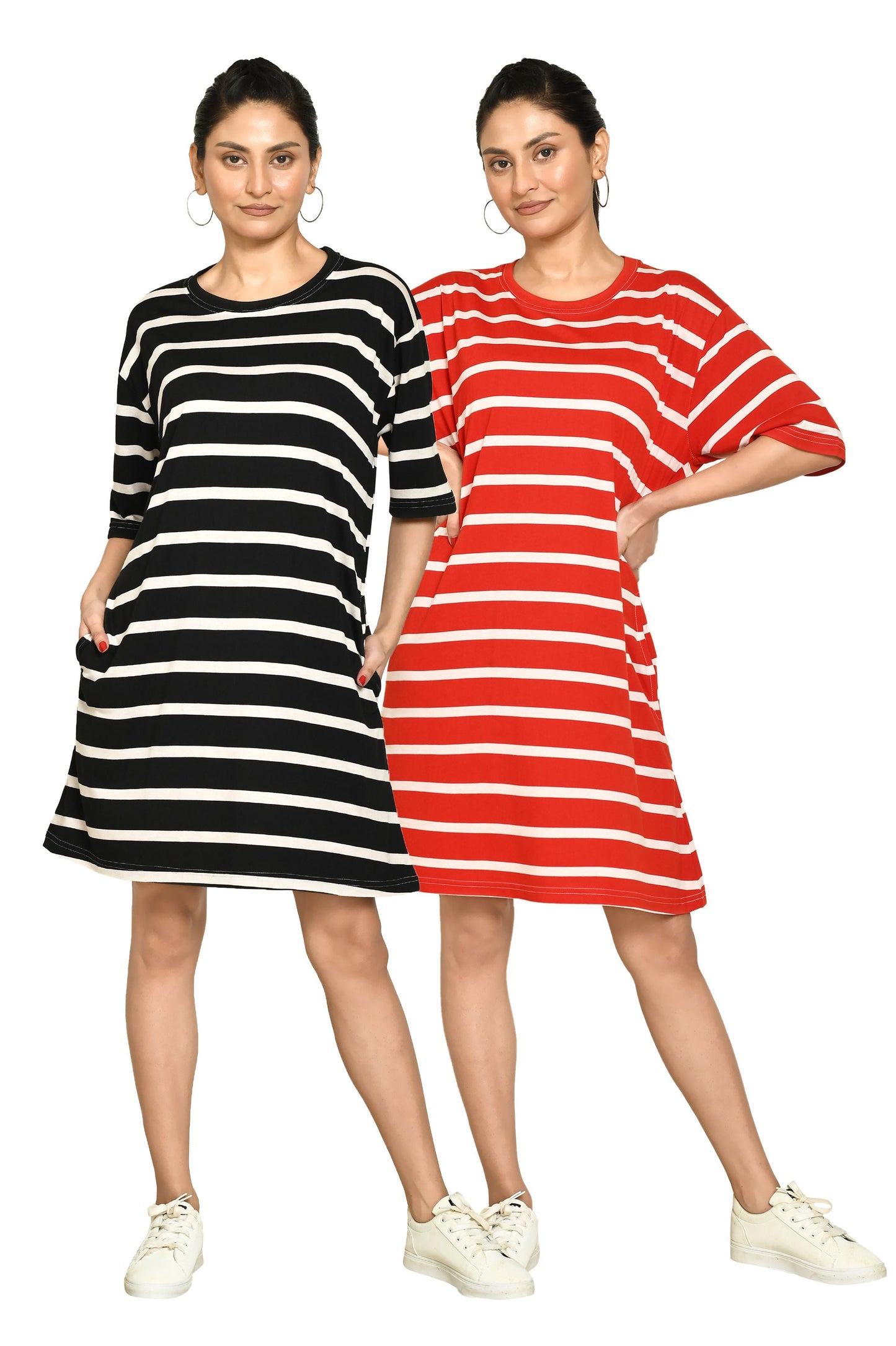 RAPL Women's Casual Regular Fit Round Neck Cotton A-Line Dress with Striped Pattern & Short Sleeve I Western Style in Every Stitch - Multicolour