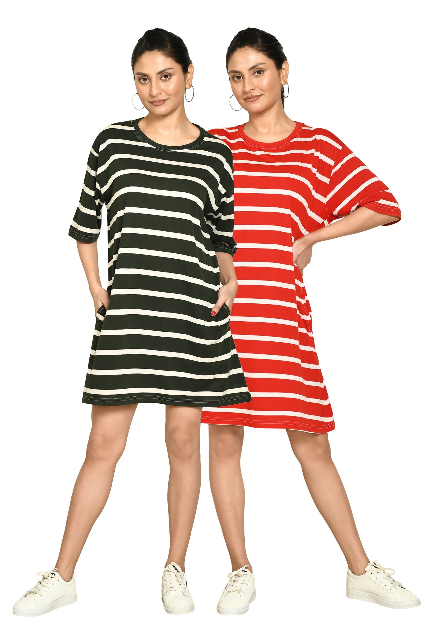 RAPL Women's Casual Regular Fit Round Neck Cotton A-Line Dress with Striped Pattern & Short Sleeve I Western Style in Every Stitch - Multicolour