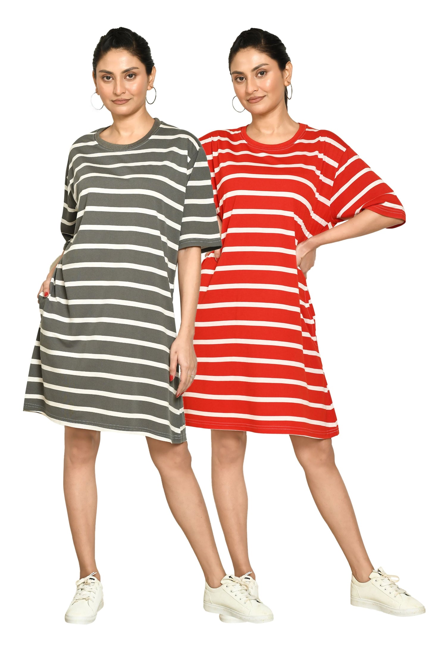 RAPL Women's Casual Regular Fit Round Neck Cotton A-Line Dress with Striped Pattern & Short Sleeve I Western Style in Every Stitch - Multicolour