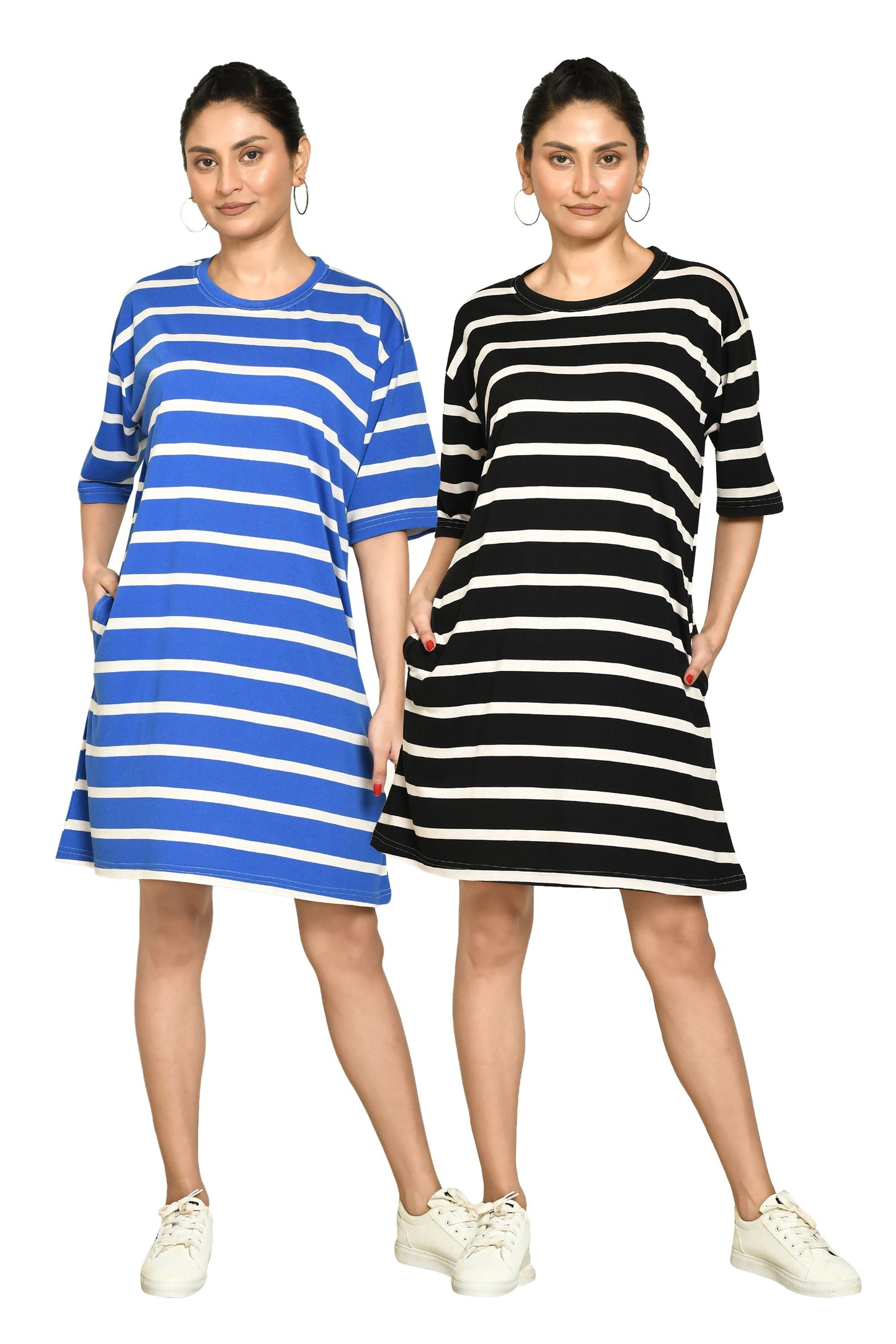 RAPL Women's Casual Regular Fit Round Neck Cotton A-Line Dress with Striped Pattern & Short Sleeve I Western Style in Every Stitch - Multicolour