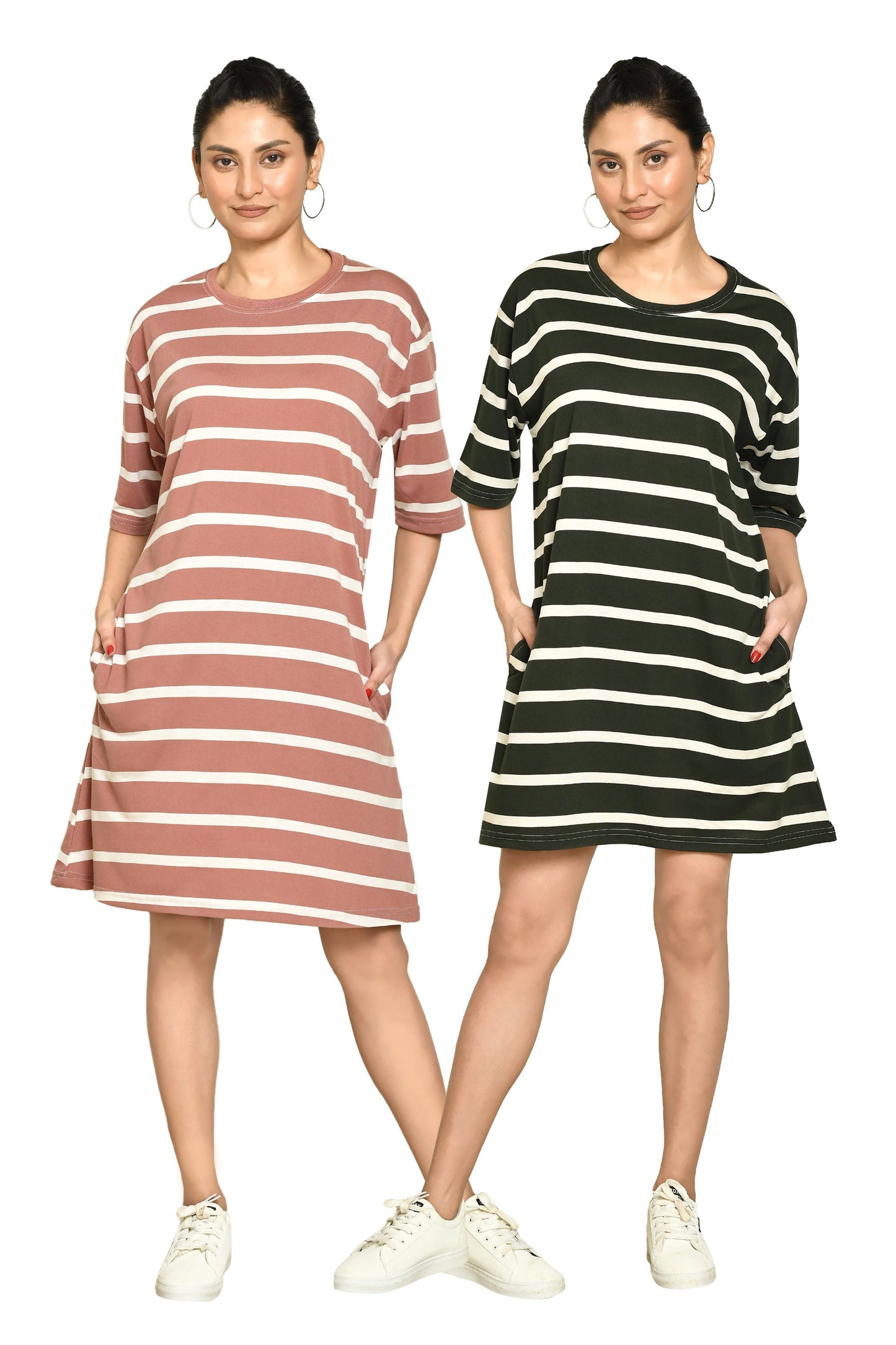 RAPL Women's Casual Regular Fit Round Neck Cotton A-Line Dress with Striped Pattern & Short Sleeve I Western Style in Every Stitch - Multicolour