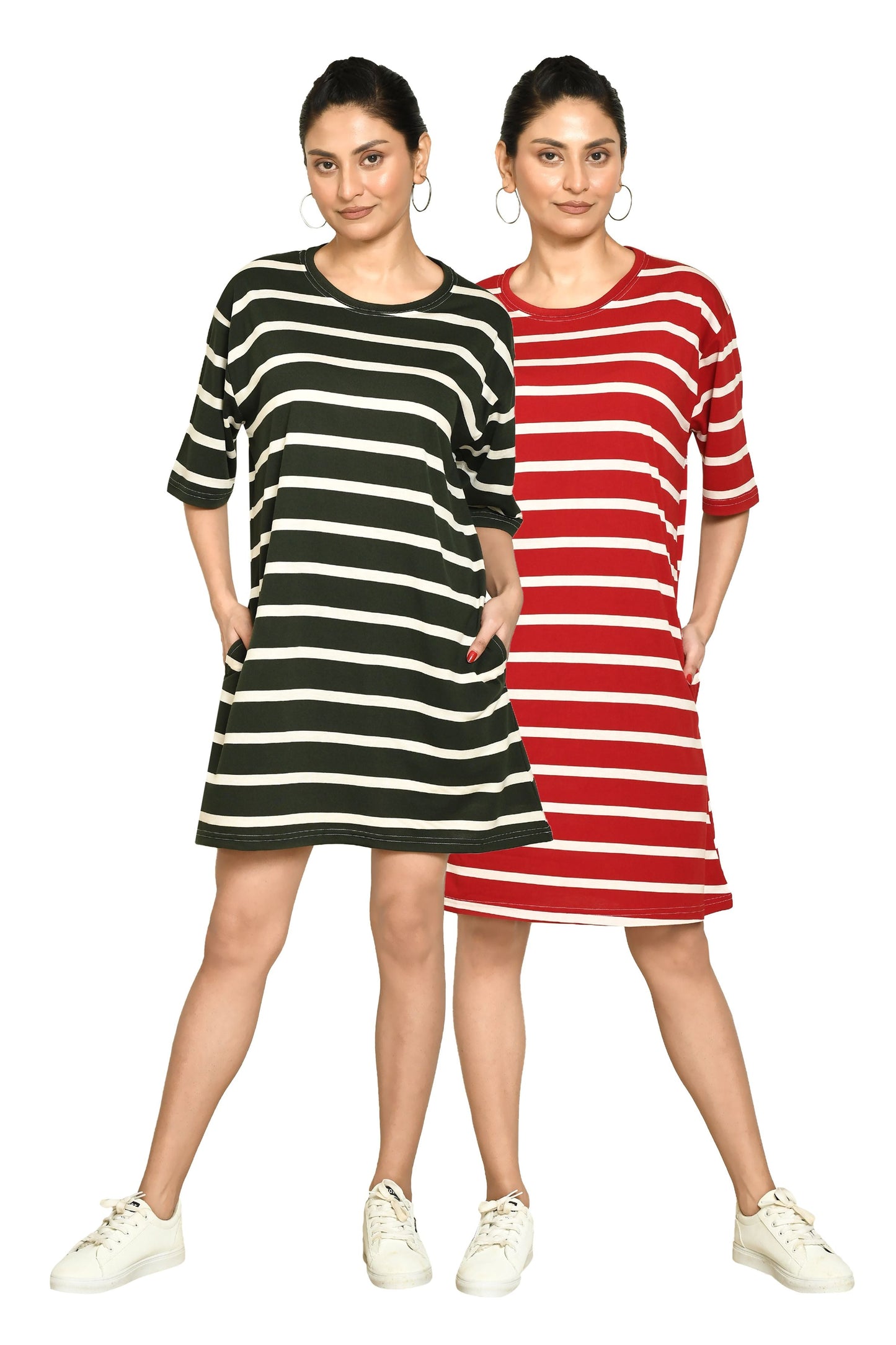 RAPL Women's Casual Regular Fit Round Neck Cotton A-Line Dress with Striped Pattern & Short Sleeve I Western Style in Every Stitch - Multicolour