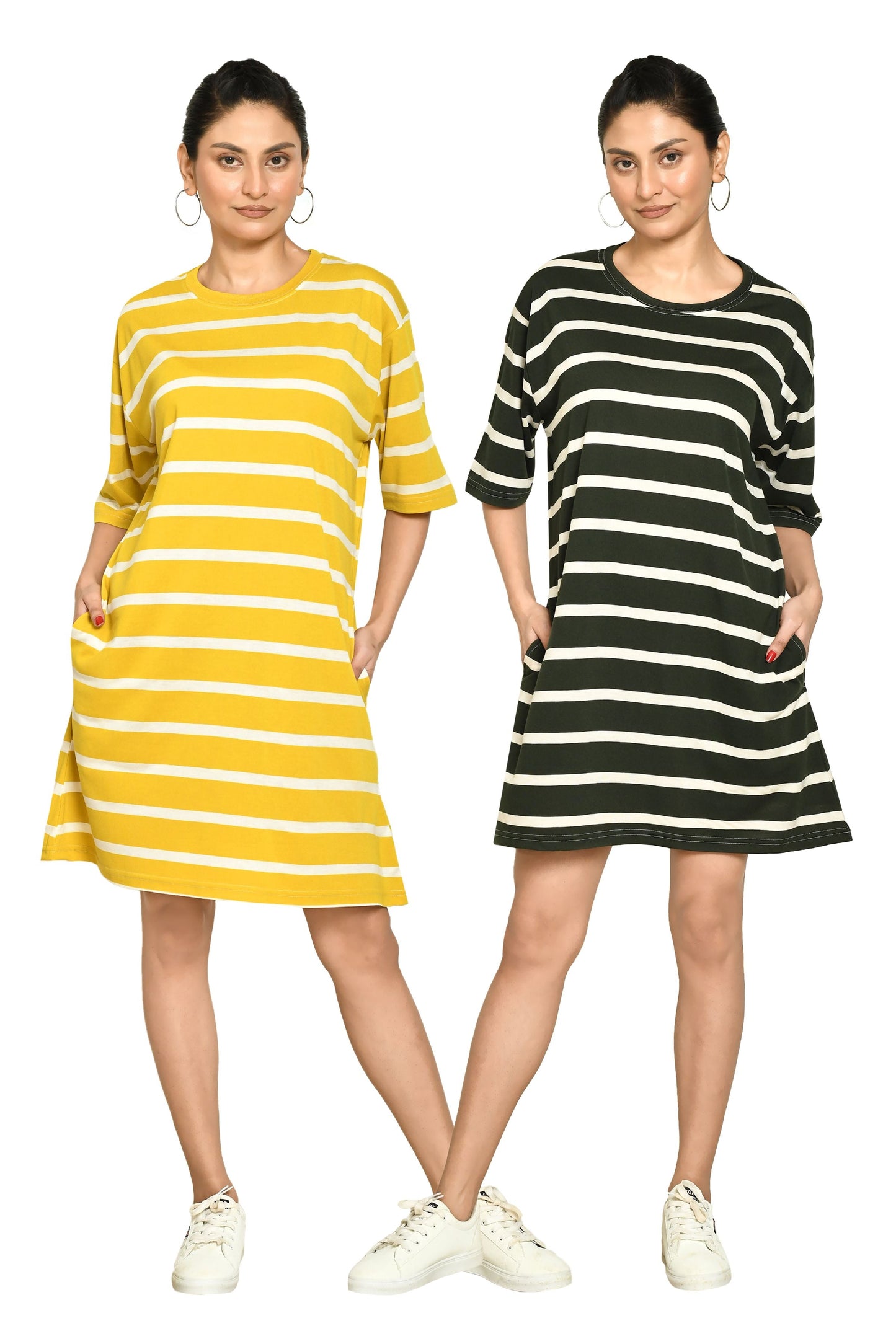 RAPL Women's Casual Regular Fit Round Neck Cotton A-Line Dress with Striped Pattern & Short Sleeve I Western Style in Every Stitch - Multicolour