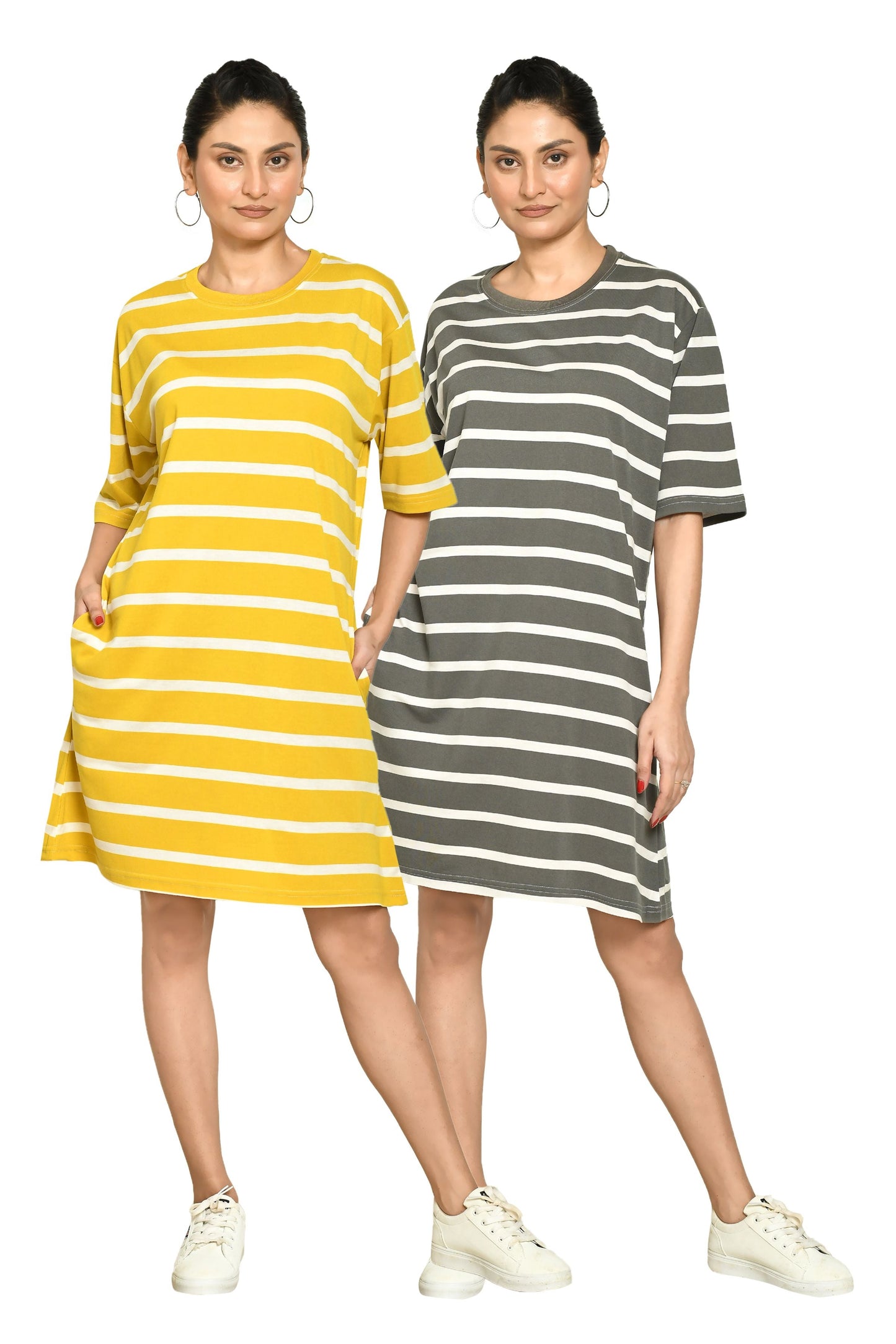 RAPL Women's Casual Regular Fit Round Neck Cotton A-Line Dress with Striped Pattern & Short Sleeve I Western Style in Every Stitch - Multicolour