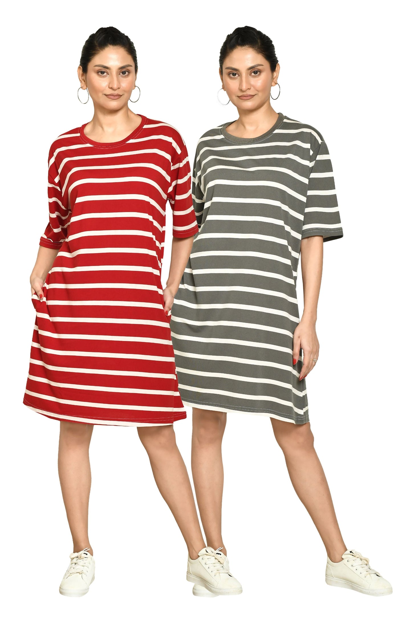 RAPL Women's Casual Regular Fit Round Neck Cotton A-Line Dress with Striped Pattern & Short Sleeve I Western Style in Every Stitch - Multicolour