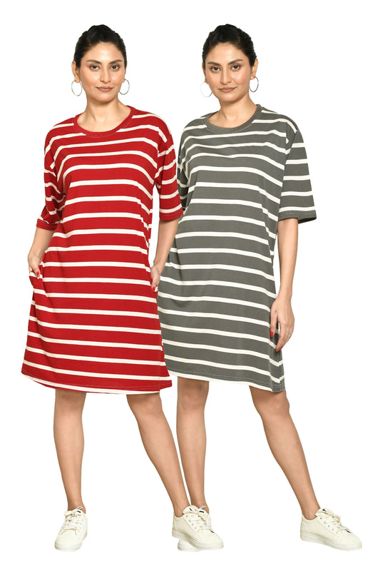 RAPL Women's Casual Regular Fit Round Neck Cotton A-Line Dress with Striped Pattern & Short Sleeve I Western Style in Every Stitch - Multicolour