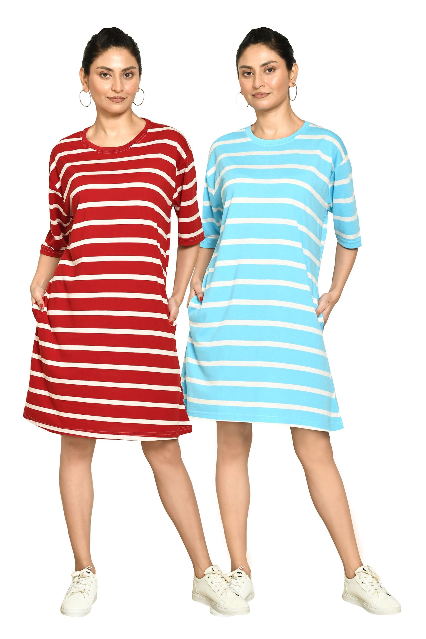 RAPL Women's Casual Regular Fit Round Neck Cotton A-Line Dress with Striped Pattern & Short Sleeve I Western Style in Every Stitch - Multicolour