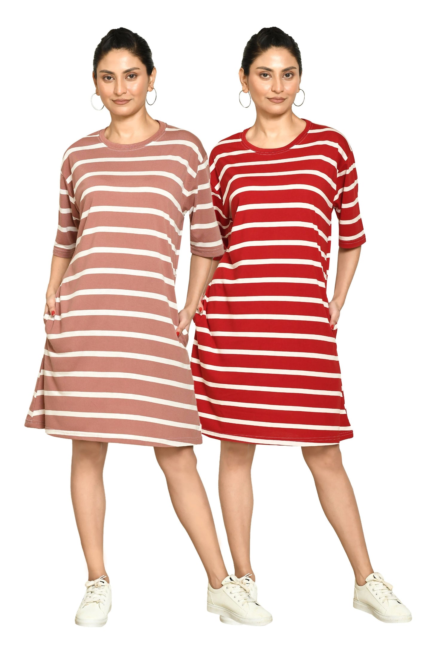 RAPL Women's Casual Regular Fit Round Neck Cotton A-Line Dress with Striped Pattern & Short Sleeve I Western Style in Every Stitch - Multicolour