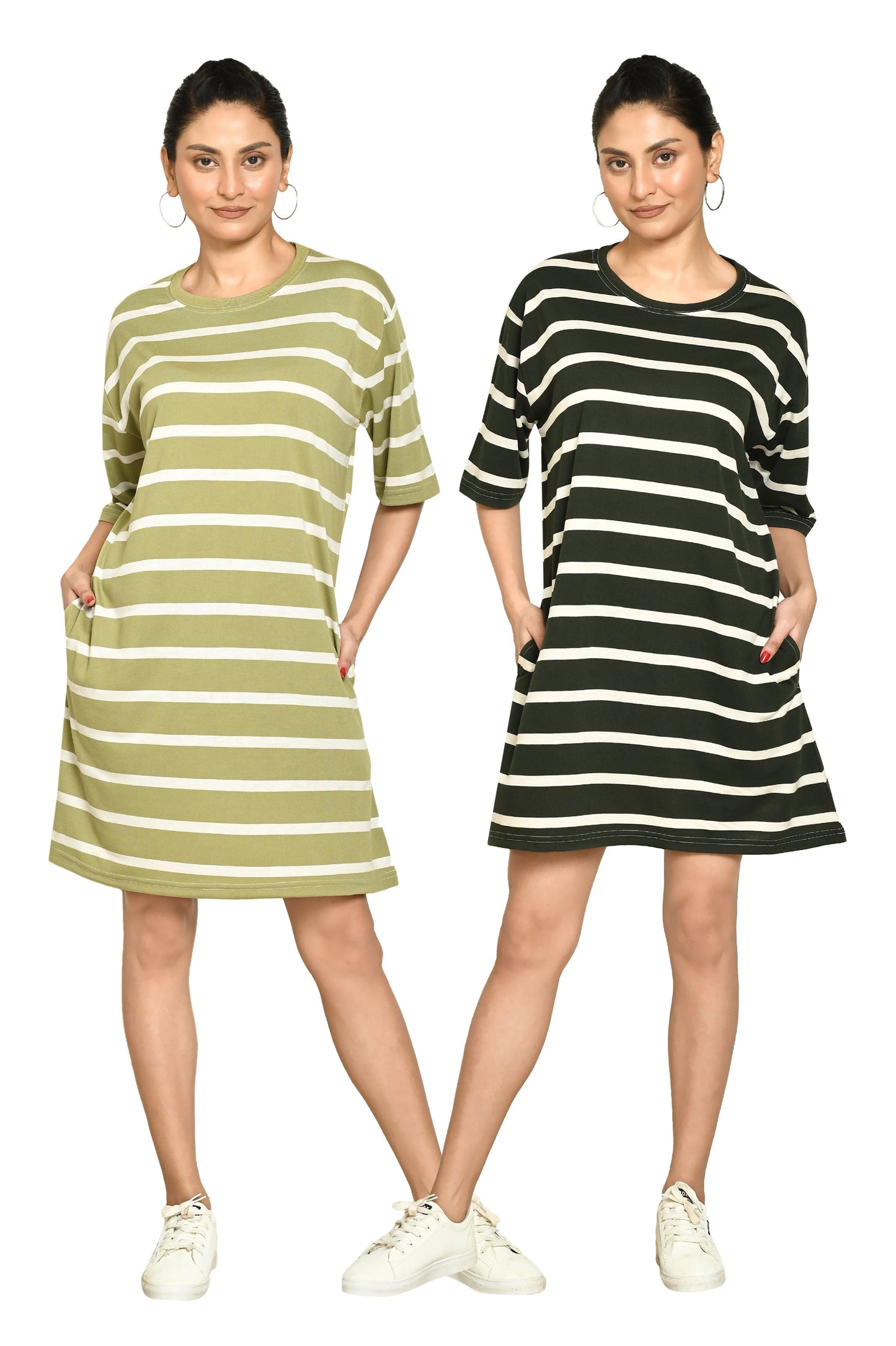 RAPL Women's Casual Regular Fit Round Neck Cotton A-Line Dress with Striped Pattern & Short Sleeve I Western Style in Every Stitch - Multicolour