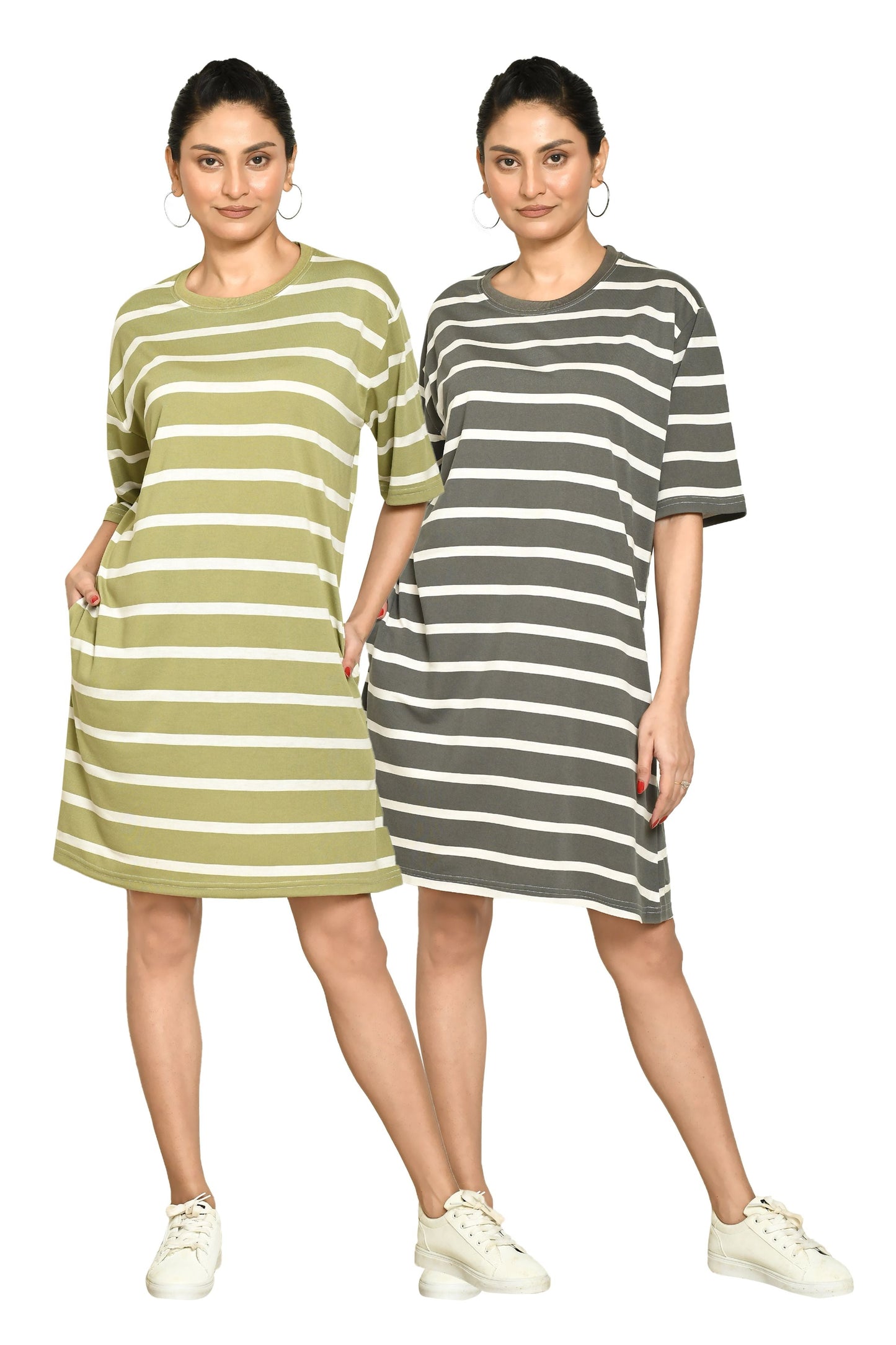 RAPL Women's Casual Regular Fit Round Neck Cotton A-Line Dress with Striped Pattern & Short Sleeve I Western Style in Every Stitch - Multicolour