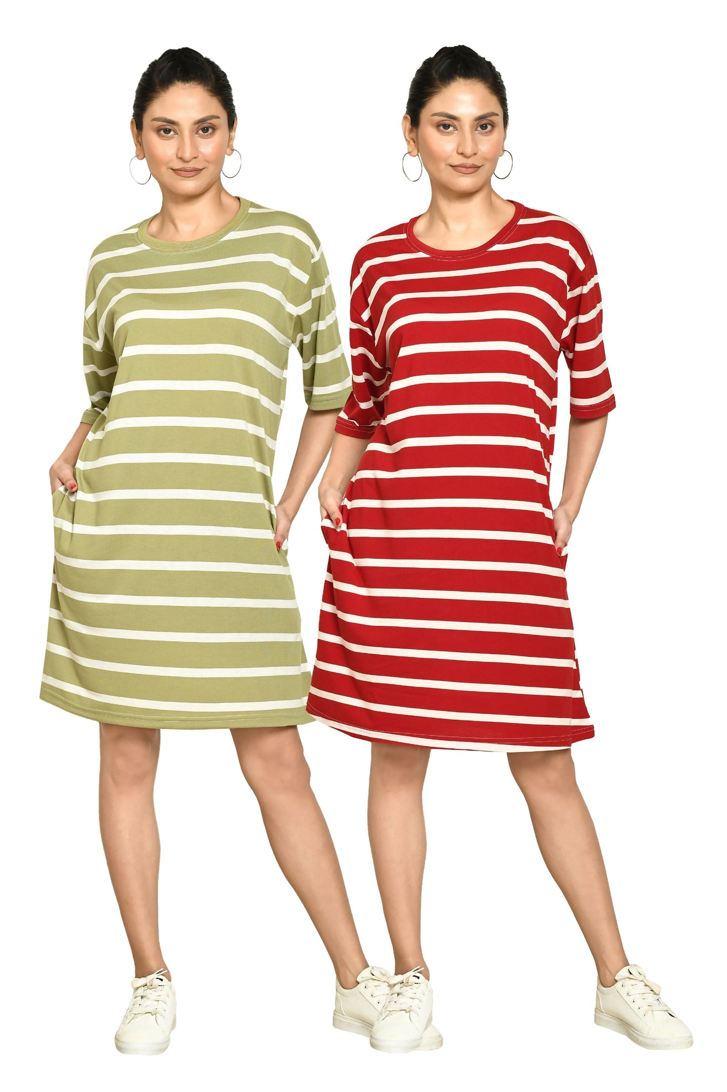 RAPL Women's Casual Regular Fit Round Neck Cotton A-Line Dress with Striped Pattern & Short Sleeve I Western Style in Every Stitch - Multicolour