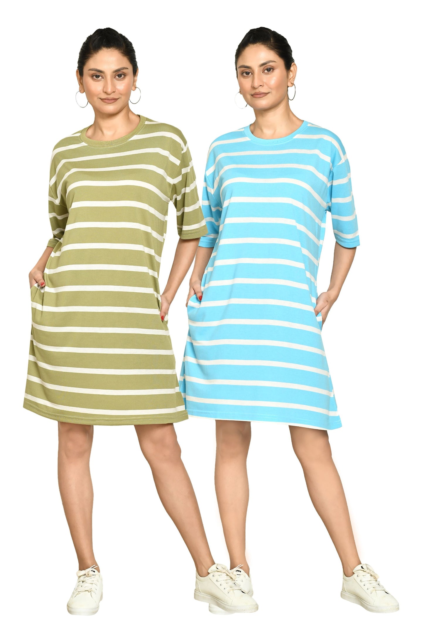 RAPL Women's Casual Regular Fit Round Neck Cotton A-Line Dress with Striped Pattern & Short Sleeve I Western Style in Every Stitch - Multicolour