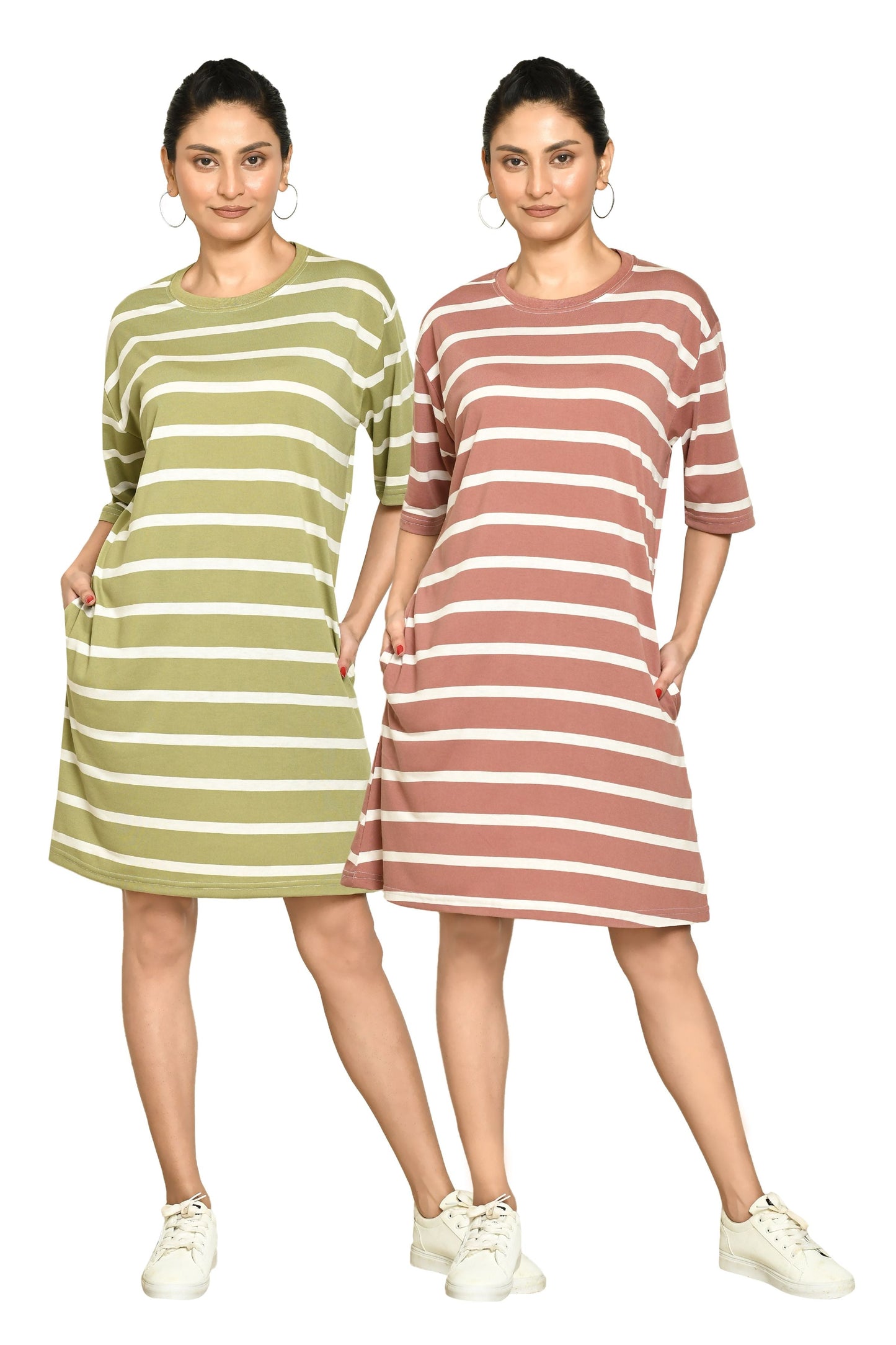 RAPL Women's Casual Regular Fit Round Neck Cotton A-Line Dress with Striped Pattern & Short Sleeve I Western Style in Every Stitch - Multicolour