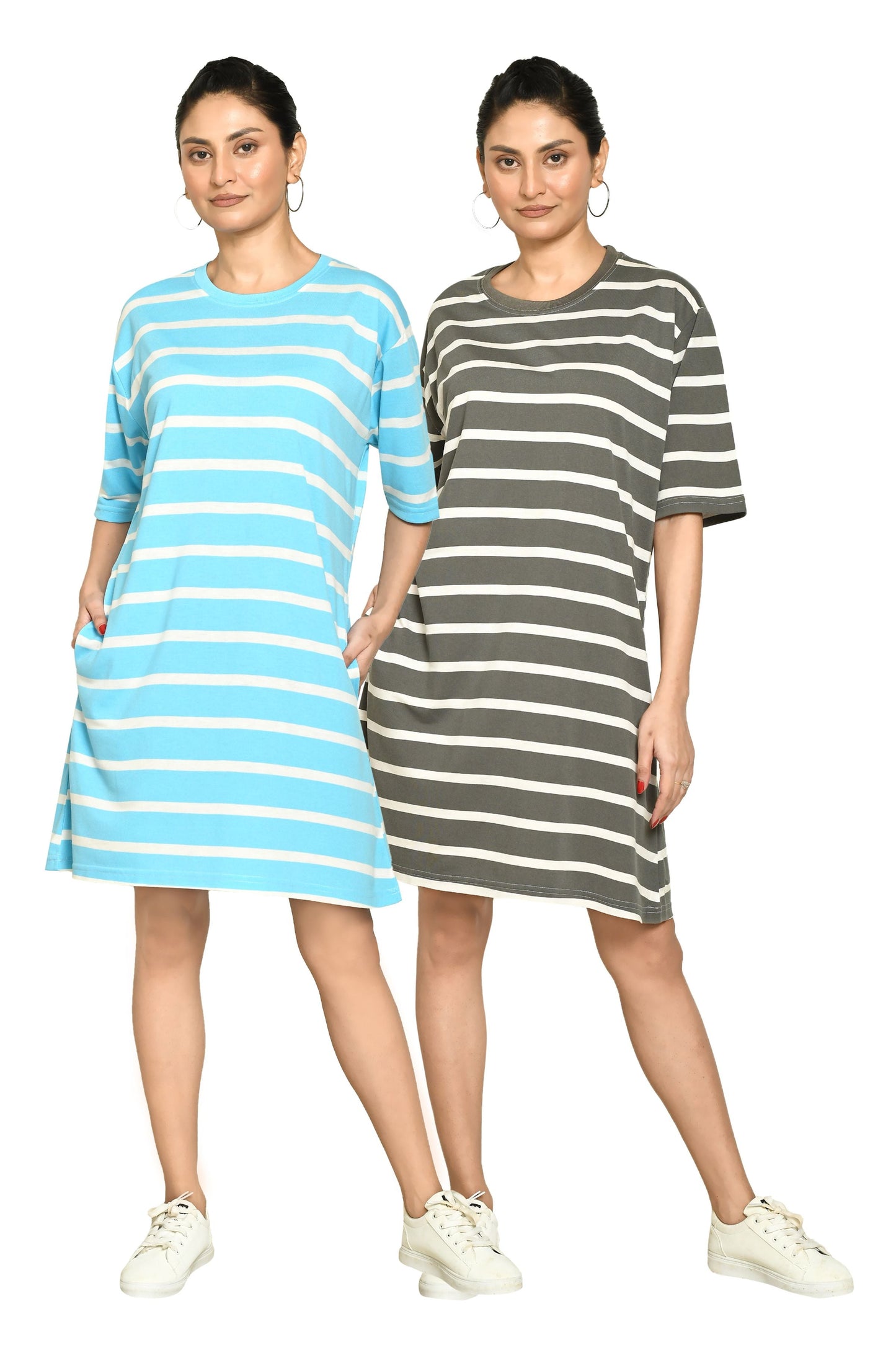 RAPL Women's Casual Regular Fit Round Neck Cotton A-Line Dress with Striped Pattern & Short Sleeve I Western Style in Every Stitch - Multicolour