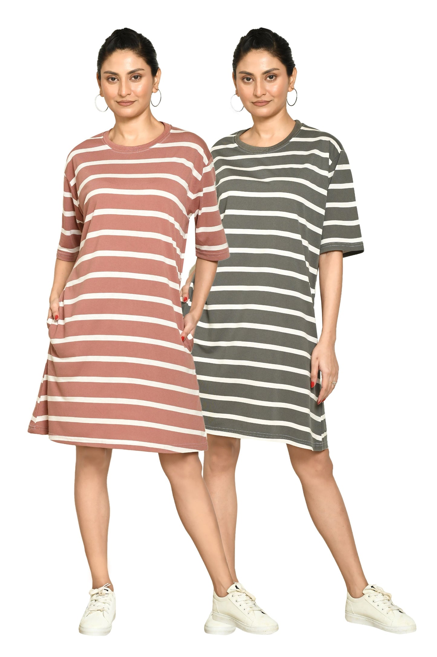 RAPL Women's Casual Regular Fit Round Neck Cotton A-Line Dress with Striped Pattern & Short Sleeve I Western Style in Every Stitch - Multicolour