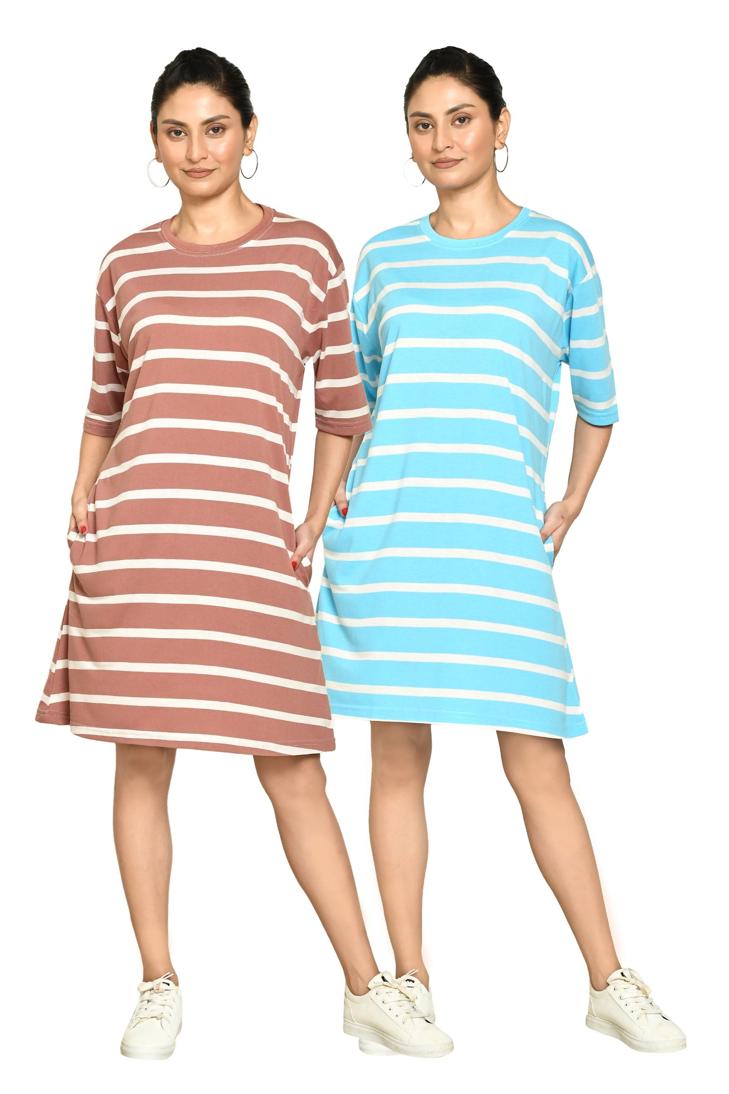 RAPL Women's Casual Regular Fit Round Neck Cotton A-Line Dress with Striped Pattern & Short Sleeve I Western Style in Every Stitch - Multicolour