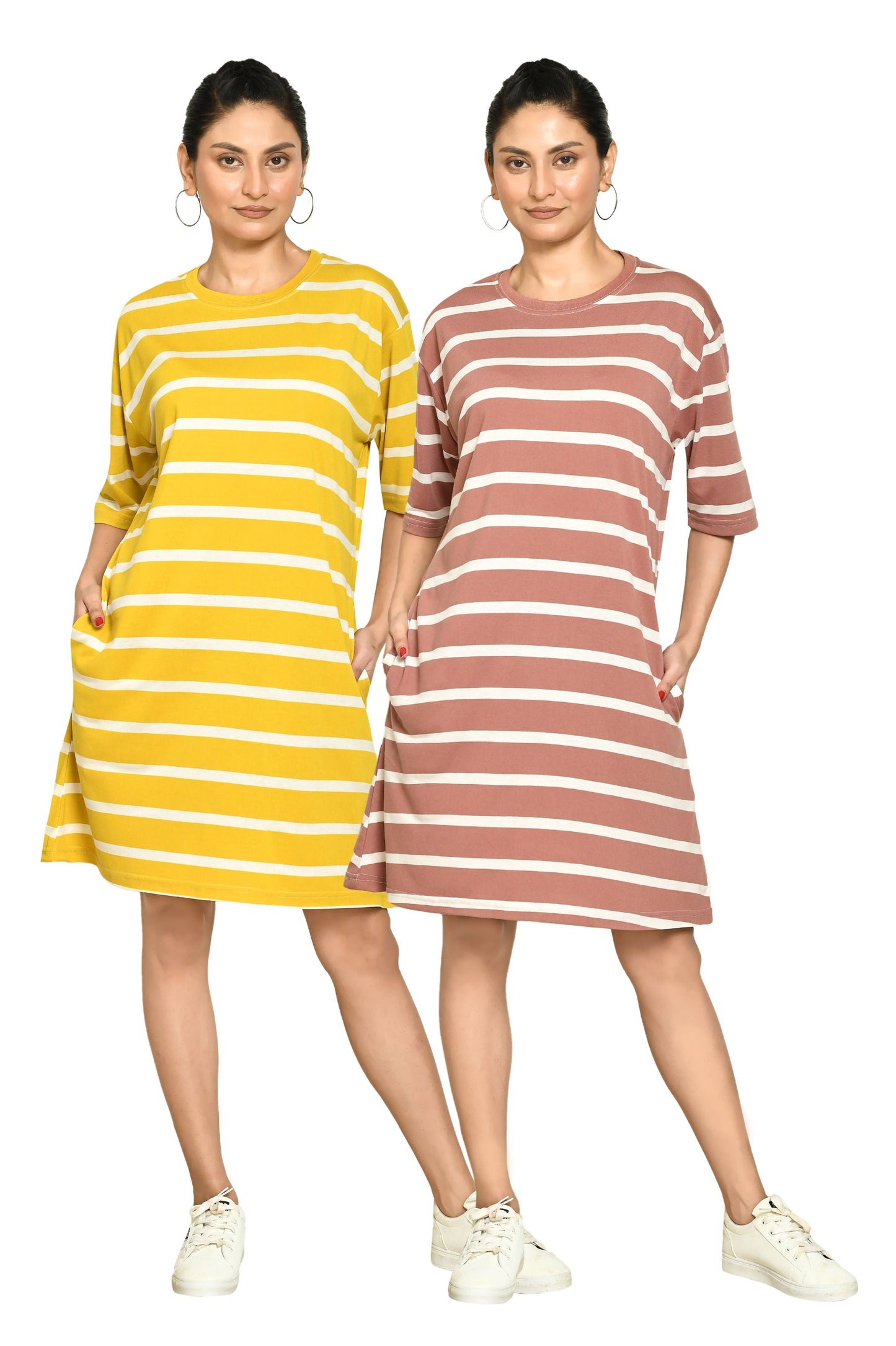 RAPL Women's Casual Regular Fit Round Neck Cotton A-Line Dress with Striped Pattern & Short Sleeve I Western Style in Every Stitch - Multicolour