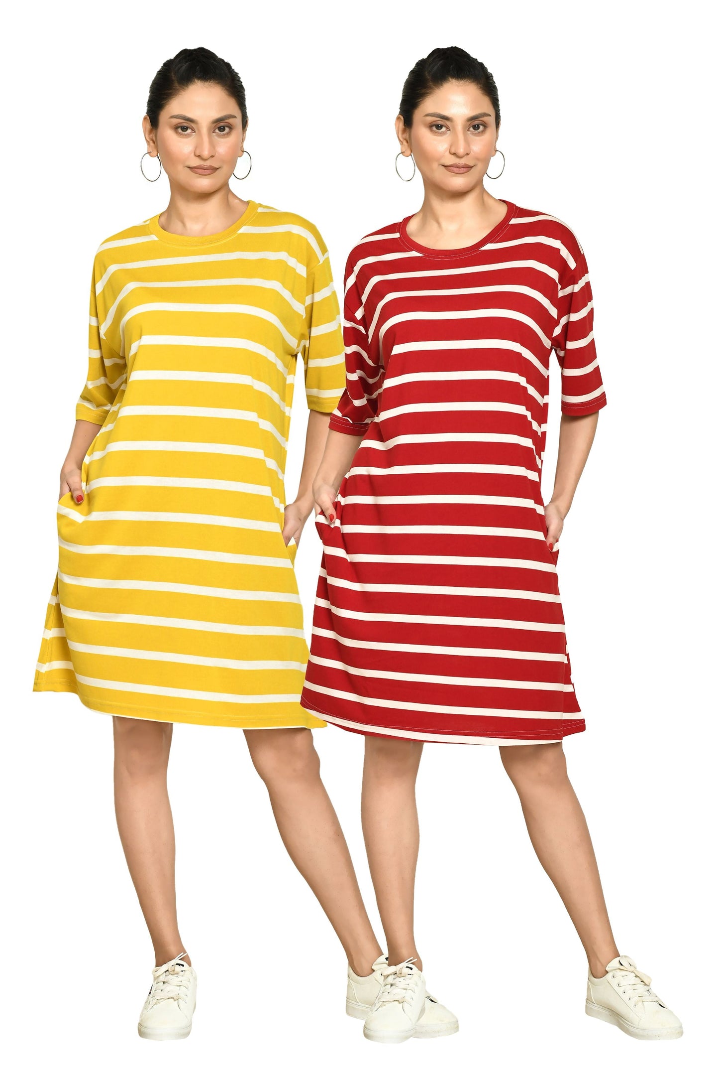 RAPL Women's Casual Regular Fit Round Neck Cotton A-Line Dress with Striped Pattern & Short Sleeve I Western Style in Every Stitch - Multicolour