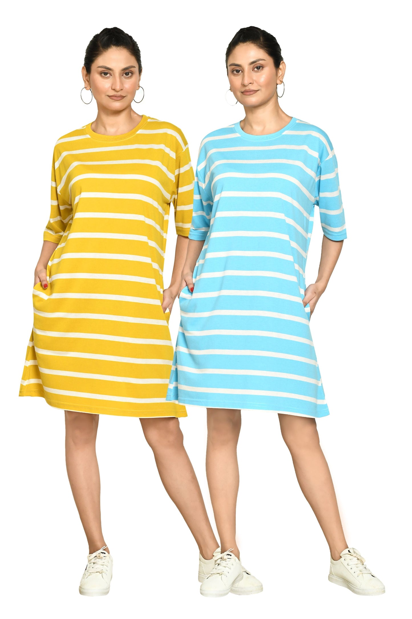 RAPL Women's Casual Regular Fit Round Neck Cotton A-Line Dress with Striped Pattern & Short Sleeve I Western Style in Every Stitch - Multicolour