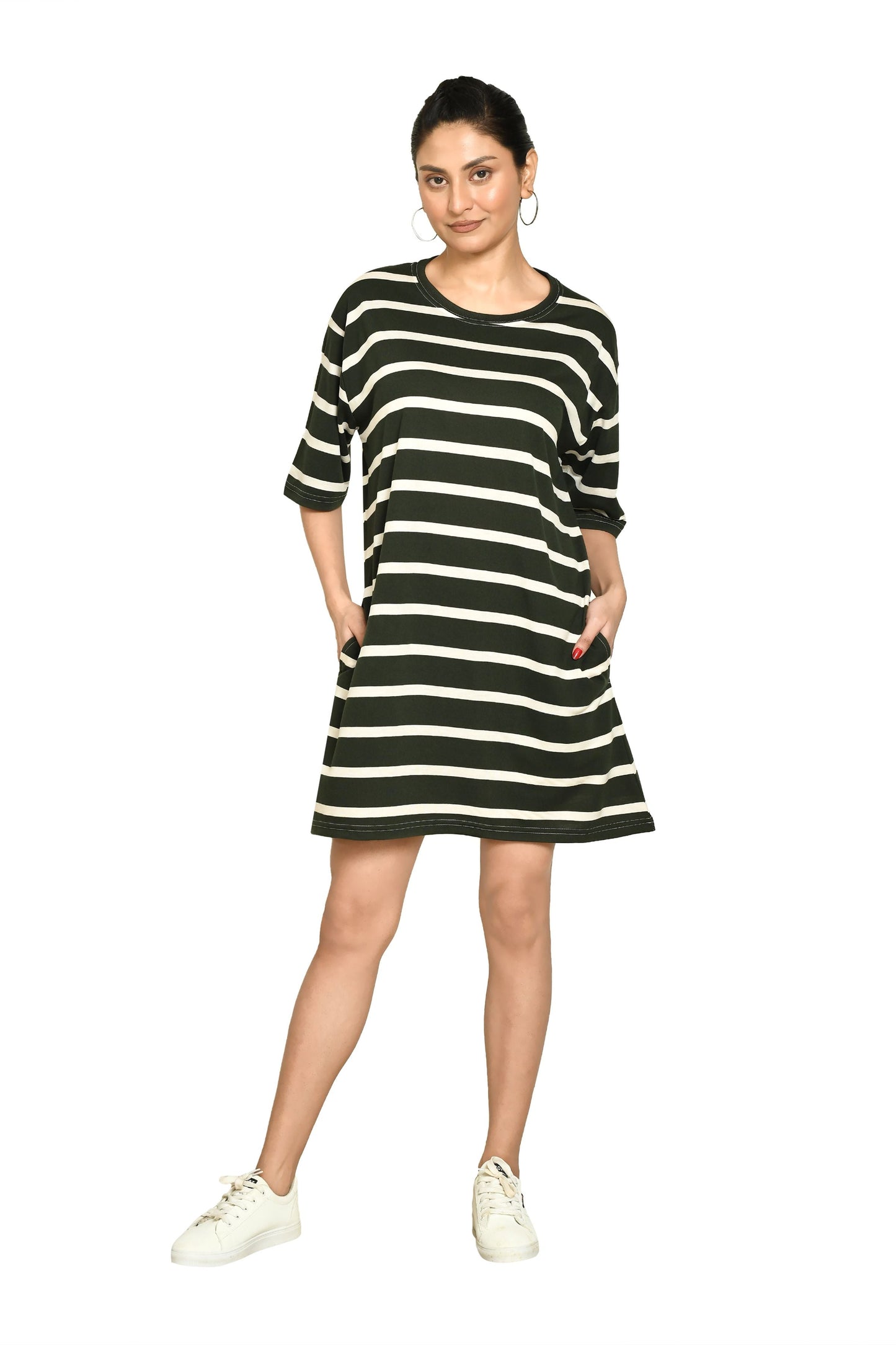 RAPL Women's Casual Regular Fit Round Neck Cotton A-Line Dress with Striped Pattern & Short Sleeve I Western Style in Every Stitch - Multicolour