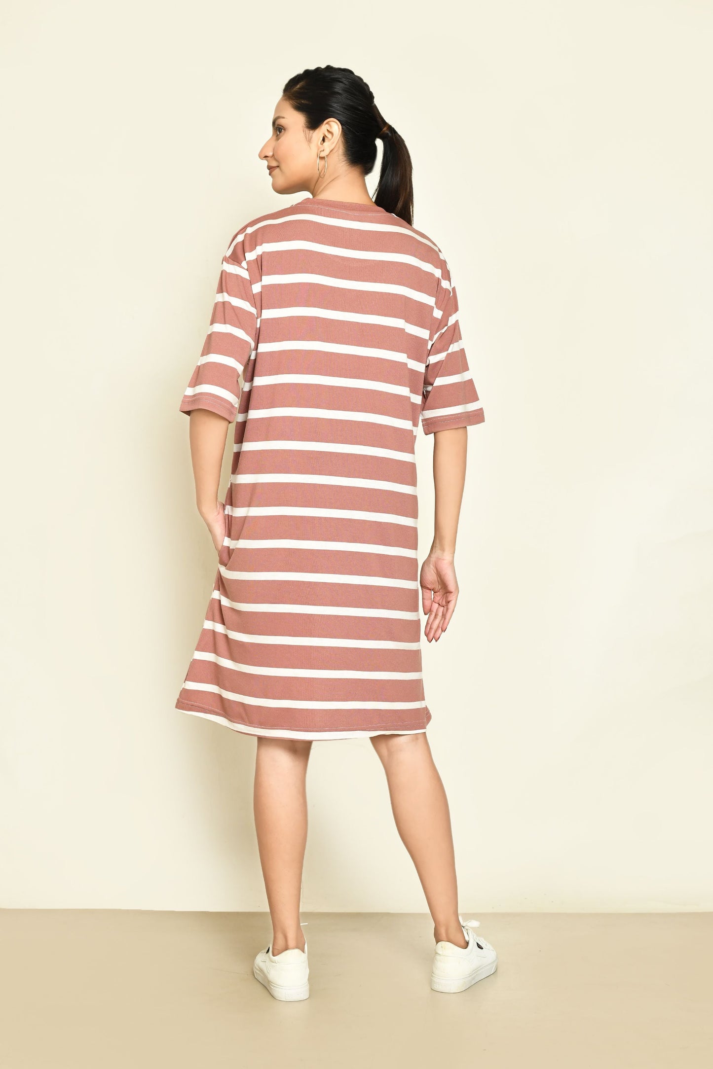 RAPL Women's Casual Regular Fit Round Neck Cotton A-Line Dress with Striped Pattern & Short Sleeve I Western Style in Every Stitch - Multicolour