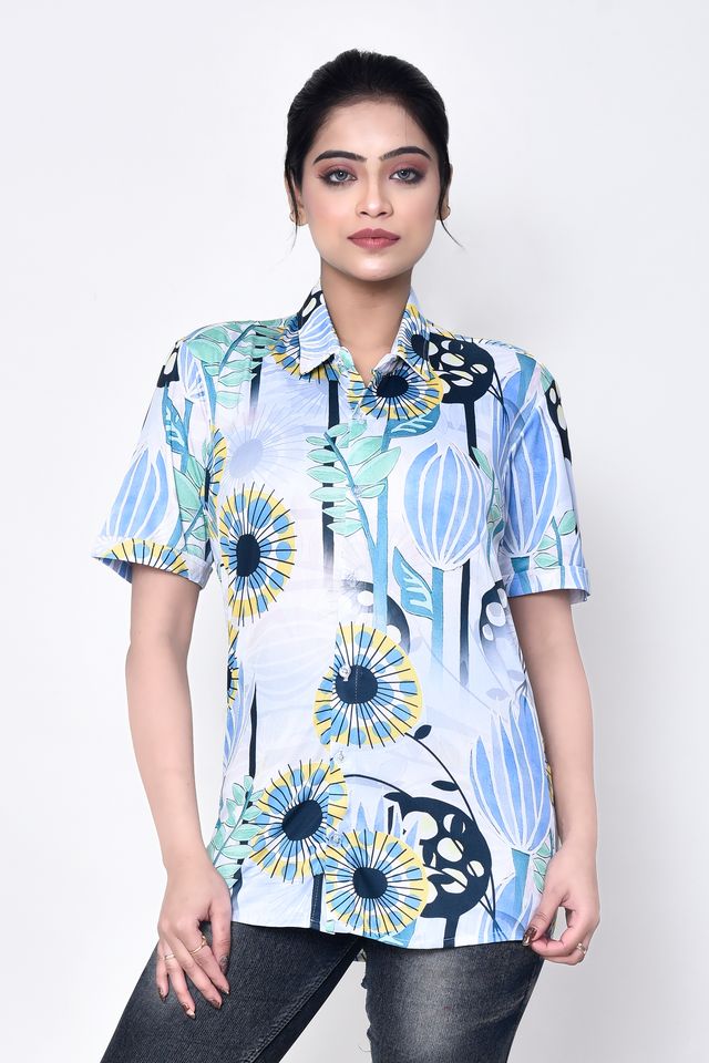 Women's Regular Fit Casual Printed Pure Microfilament Shirt with Collared Neck & Half Sleeve