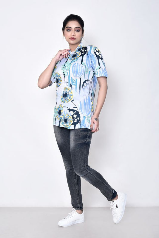 Women's Regular Fit Casual Printed Pure Microfilament Shirt with Collared Neck & Half Sleeve