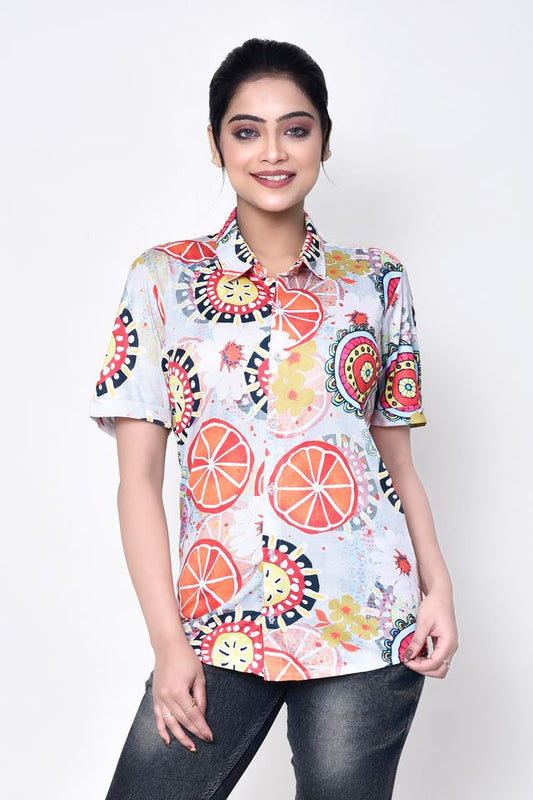 Women's Regular Fit Casual Printed Pure Microfilament Shirt with Collared Neck & Half Sleeve