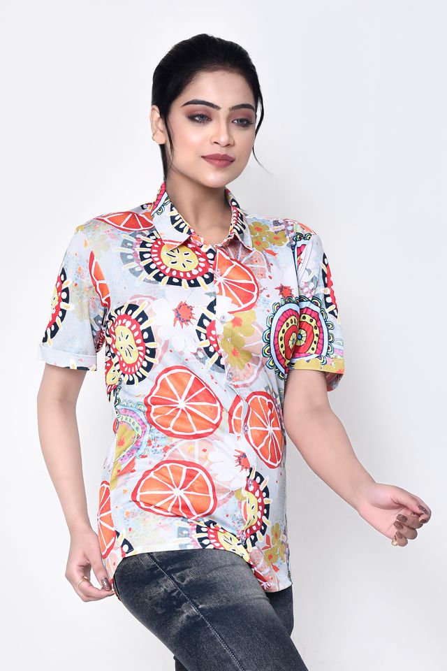 Women's Regular Fit Casual Printed Pure Microfilament Shirt with Collared Neck & Half Sleeve