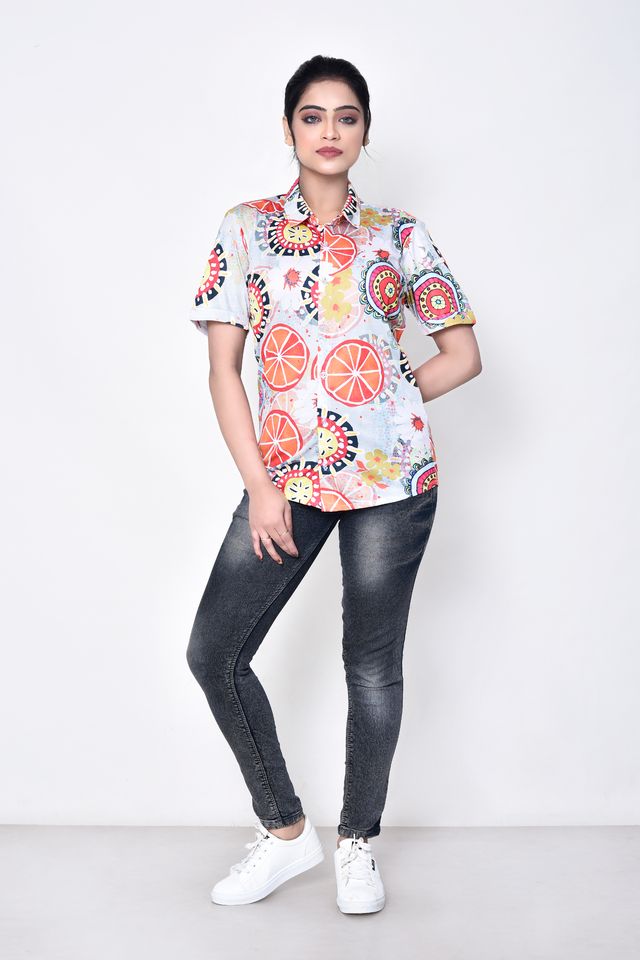 Women's Regular Fit Casual Printed Pure Microfilament Shirt with Collared Neck & Half Sleeve