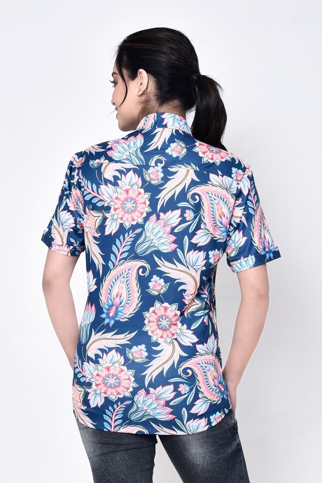 Women's Regular Fit Casual Printed Pure Microfilament Shirt with Collared Neck & Half Sleeve