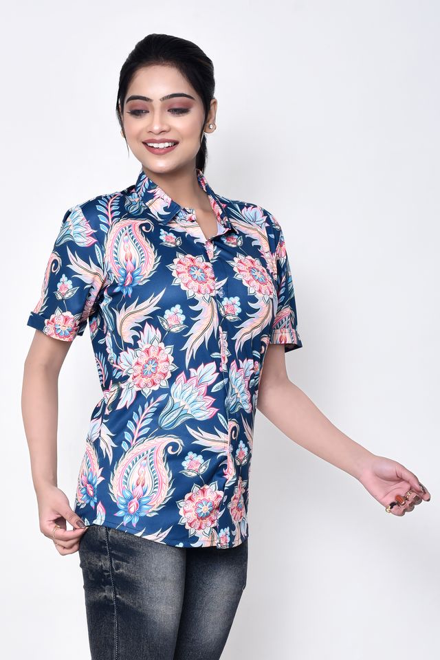 Women's Regular Fit Casual Printed Pure Microfilament Shirt with Collared Neck & Half Sleeve