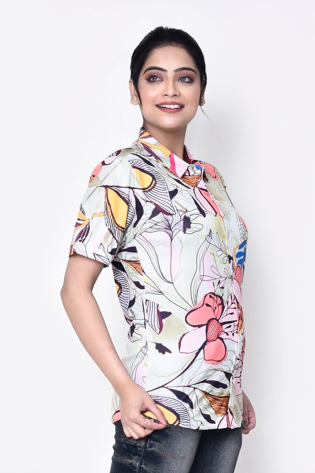 Women's Regular Fit Casual Printed Pure Microfilament Shirt with Collared Neck & Half Sleeve