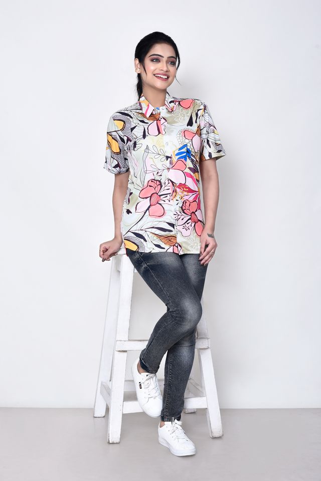 Women's Regular Fit Casual Printed Pure Microfilament Shirt with Collared Neck & Half Sleeve