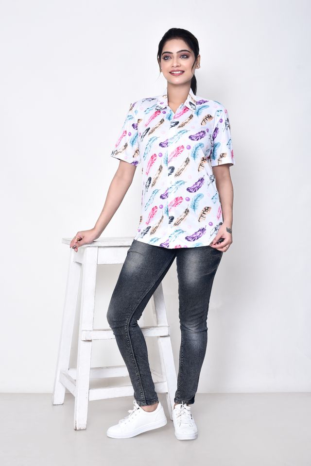 Women's Regular Fit Casual Printed Pure Microfilament Shirt with Collared Neck & Half Sleeve